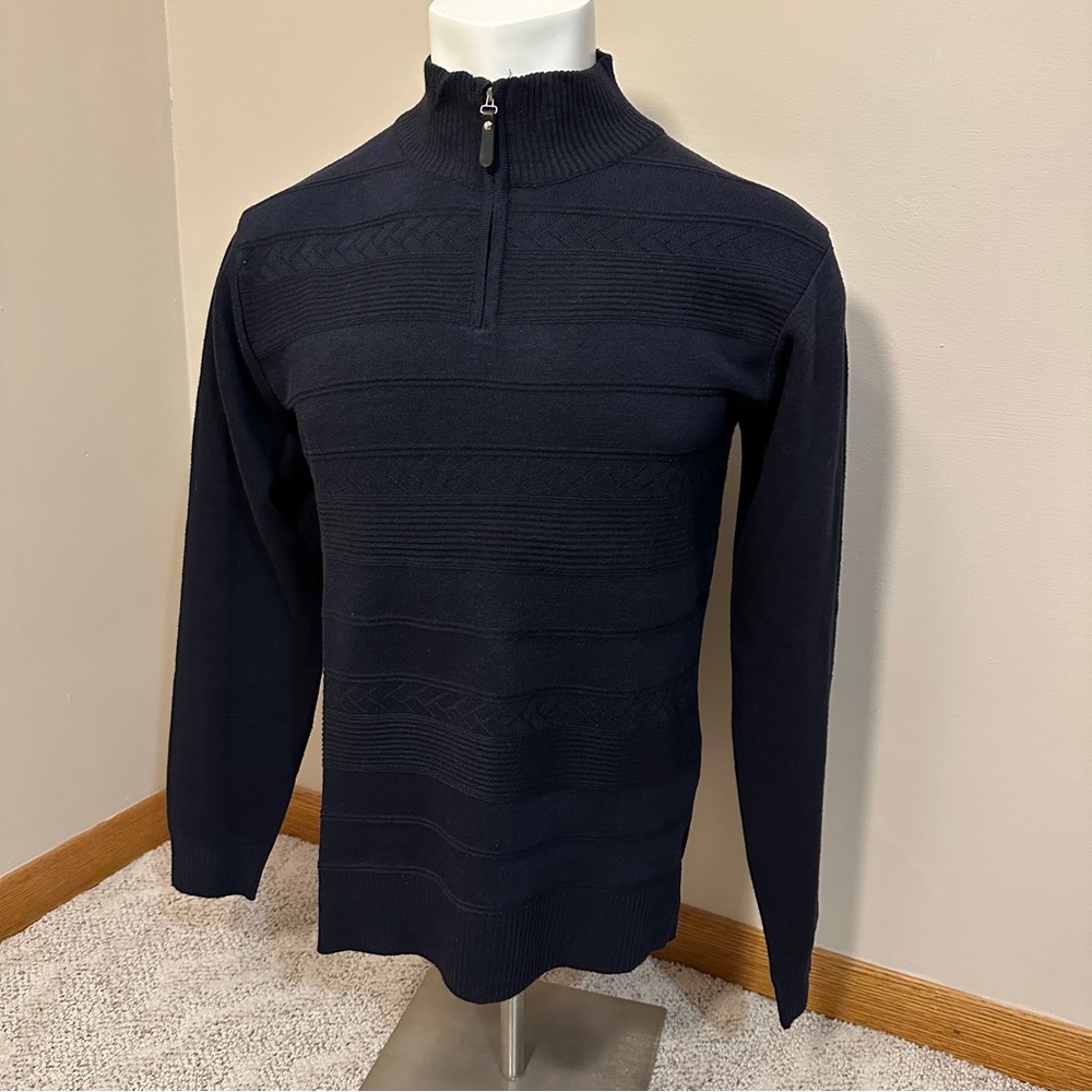 Enzo Cavalleri Knit Navy Sweater Quarter Zip Up Dark Blue Long Sleeve